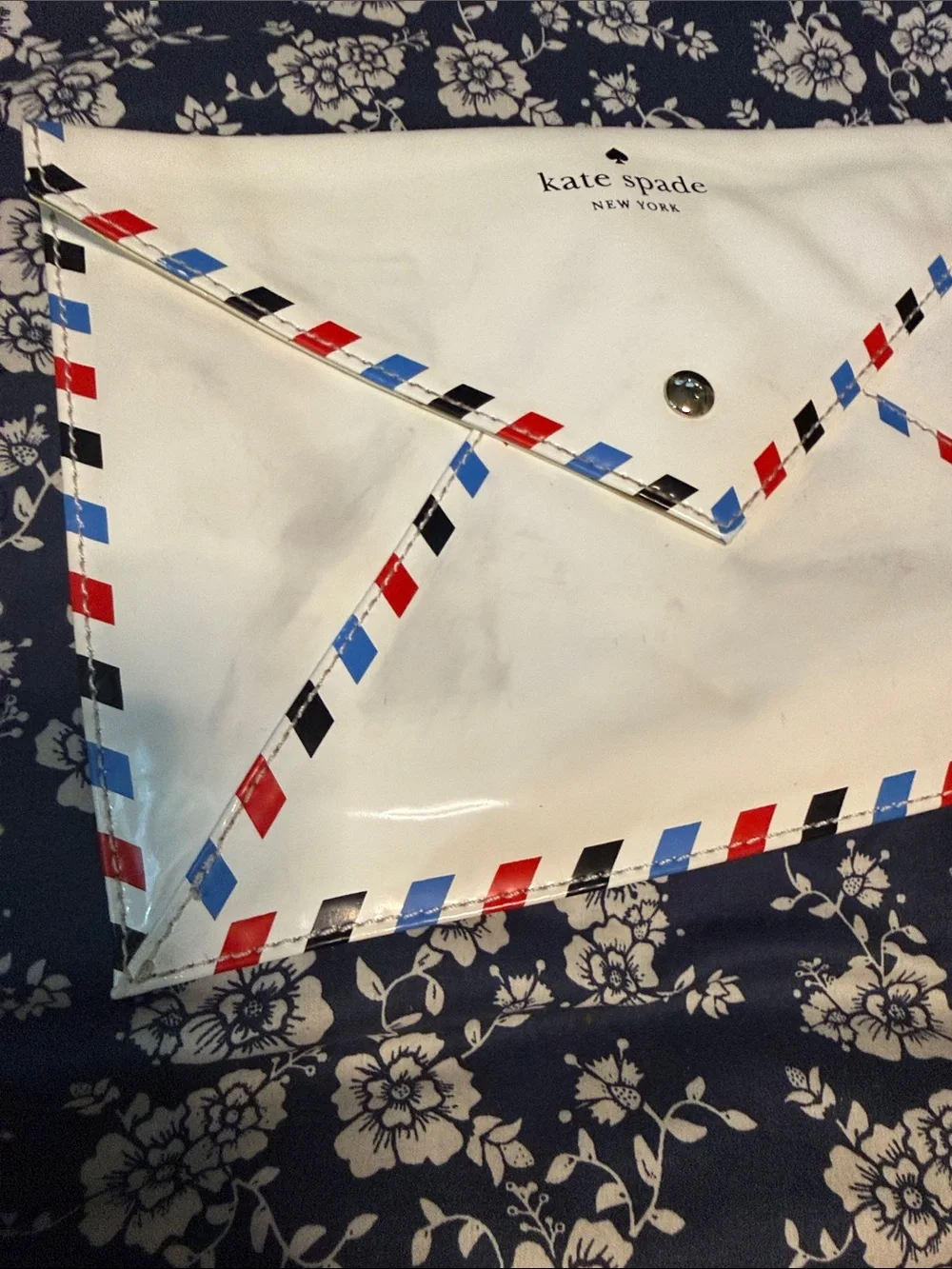 kate spade White Envelope Clutch with Red, Blue & Black Trim